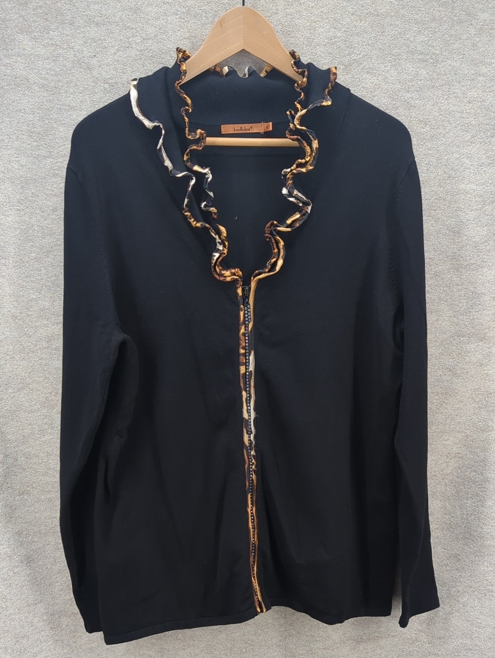 Bellini Ruffle Collar Cardigan Sweater Leopard Print 1X Bling Zipper Knit Black